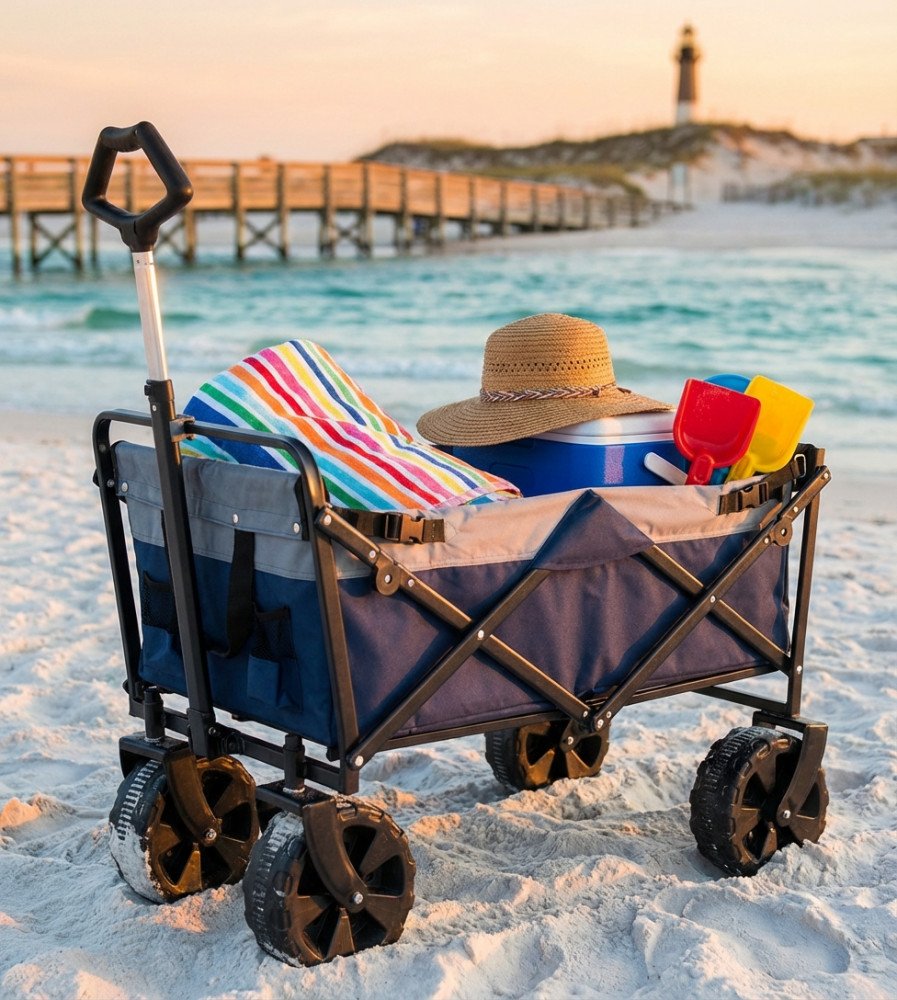 Carrello pieghevole PACIFIC blu aperto e carico sulla sabbia davanti al mare, vista di tre quarti