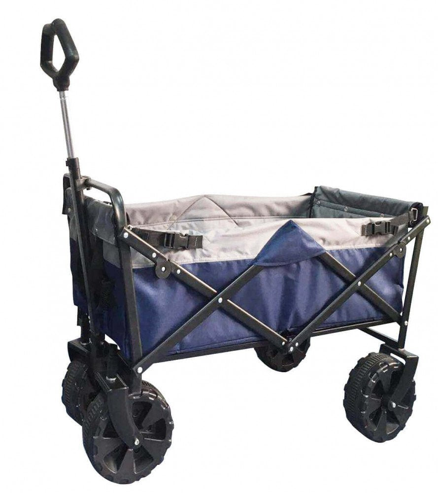 Carrello pieghevole PACIFIC blu aperto su fondo bianco, vista di tre quarti con ruote anteriori orientabili