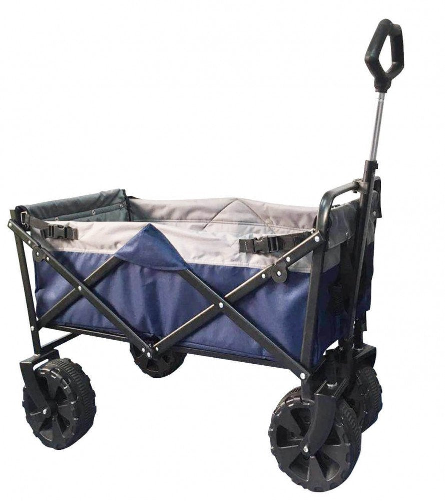 Carrello pieghevole PACIFIC blu su fondo bianco con manico esteso e ruote grandi in plastica