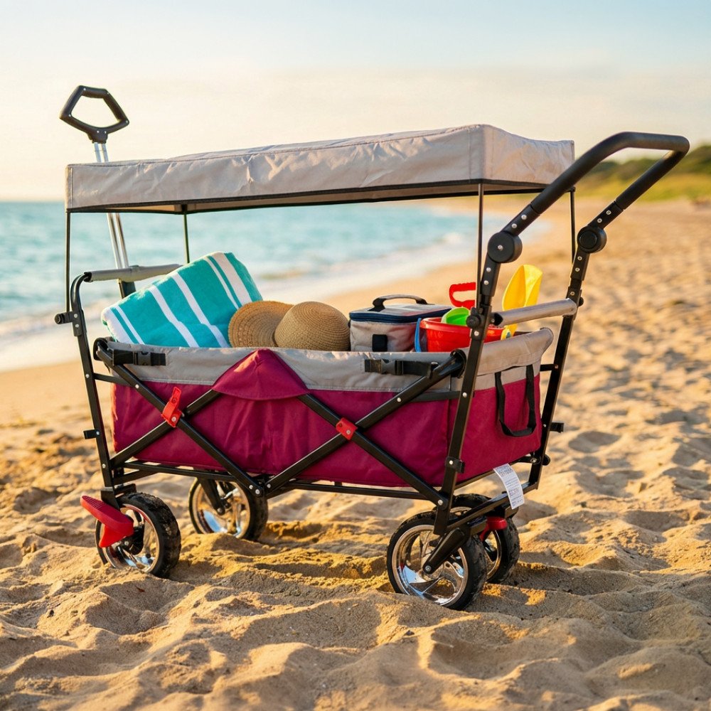 Carrello da spiaggia BALTIC blu con tettuccio, su sabbia davanti al mare