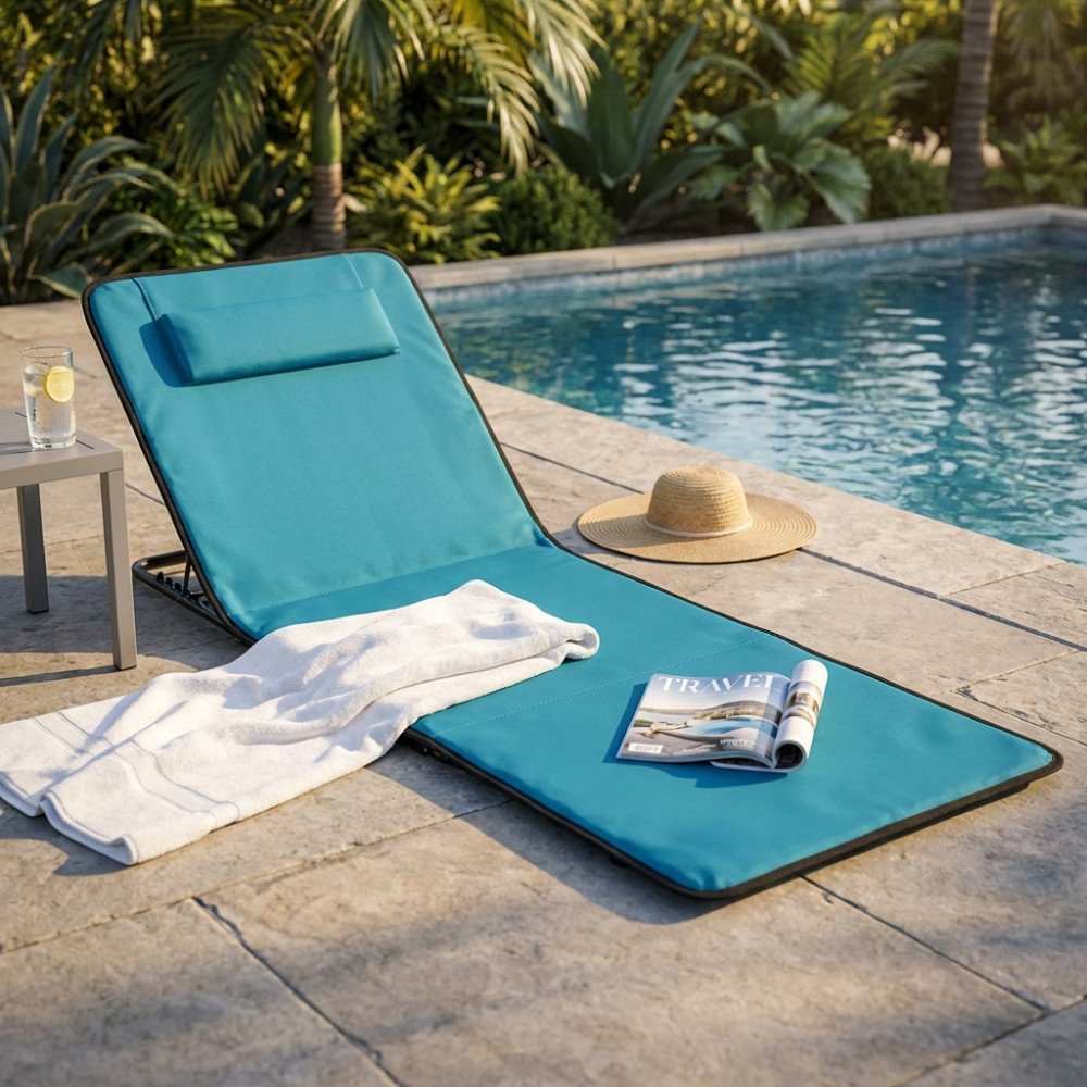 Lettino prendisole PALAU blu aperto a bordo piscina con cappello di paglia e telo bianco