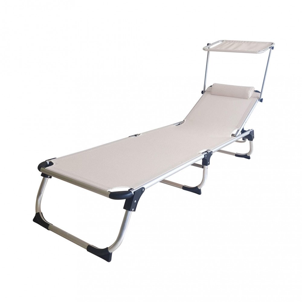 Lettino prendisole KAMP beige con tettuccio quadrato, vista di tre quarti #colore_Beige