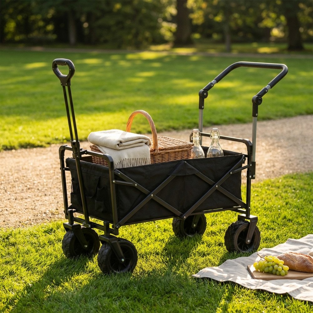 Carrello ARTIC antracite a tre quarti su prato con vialetto in ghiaia