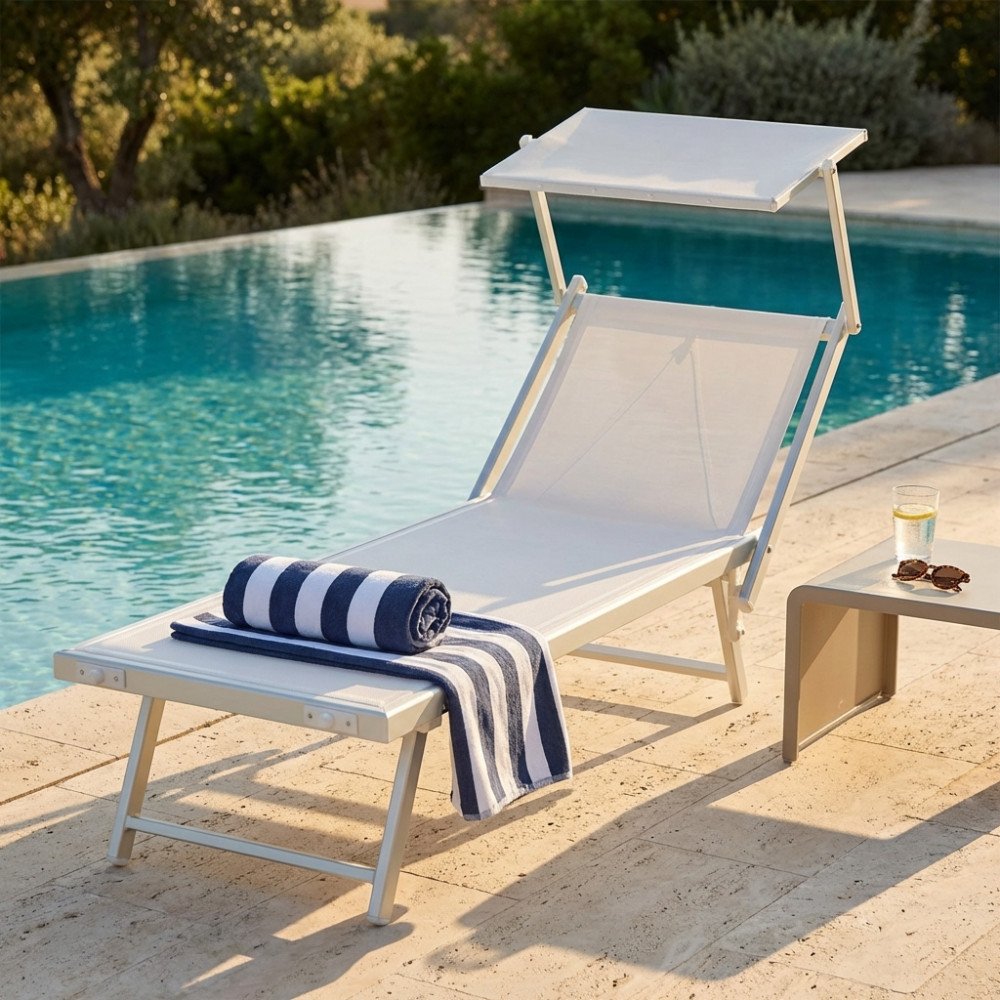 Lettino prendisole OTRANTO bianco con tendina parasole alzata a bordo piscina