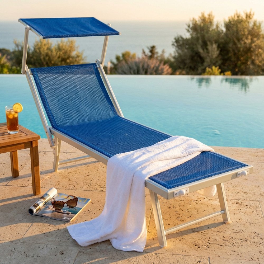 Lettino prendisole OTRANTO blu con tettuccio parasole, in giardino con piscina sullo sfondo