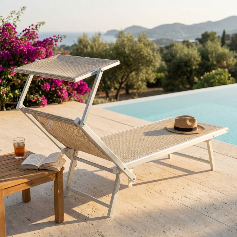 Lettino prendisole OTRANTO beige in alluminio e textilene con parasole, accanto a tavolino, vista tre quarti