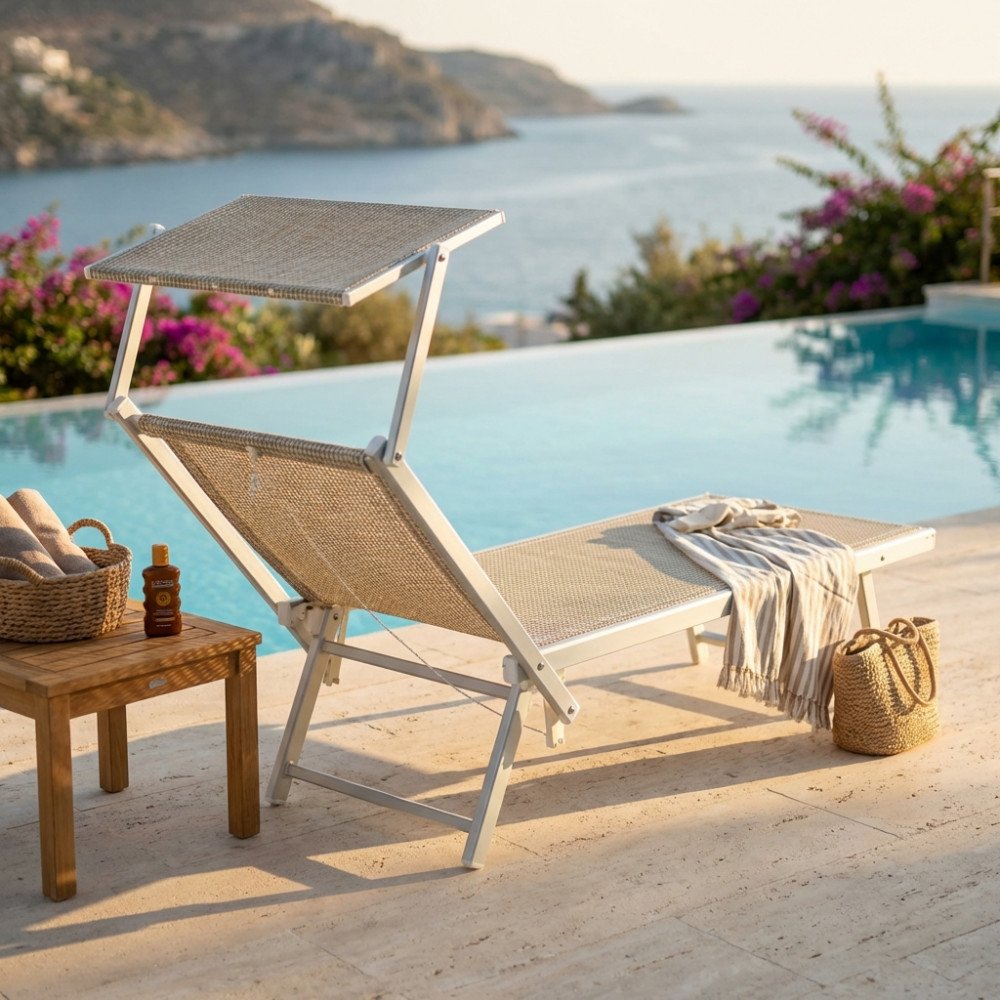 Lettino prendisole OTRANTO beige su pietra chiara con tettuccio reclinato, vista laterale in ambiente da piscina