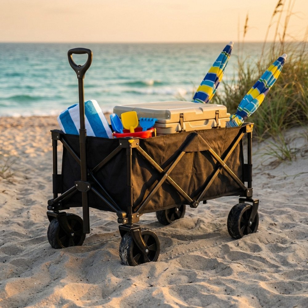 Carrello da spiaggia BLACK SEA nero con telo a righe, borsa termica e secchiello sulla sabbia