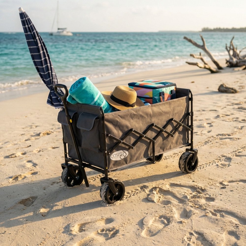 Carrello da spiaggia NORTH grigio scuro ambientato su sabbia con ombrellone e asciugamani
