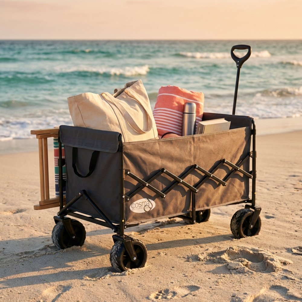 Carrello da spiaggia NORTH grigio scuro aperto di tre quarti con oggetti di scena sulla sabbia