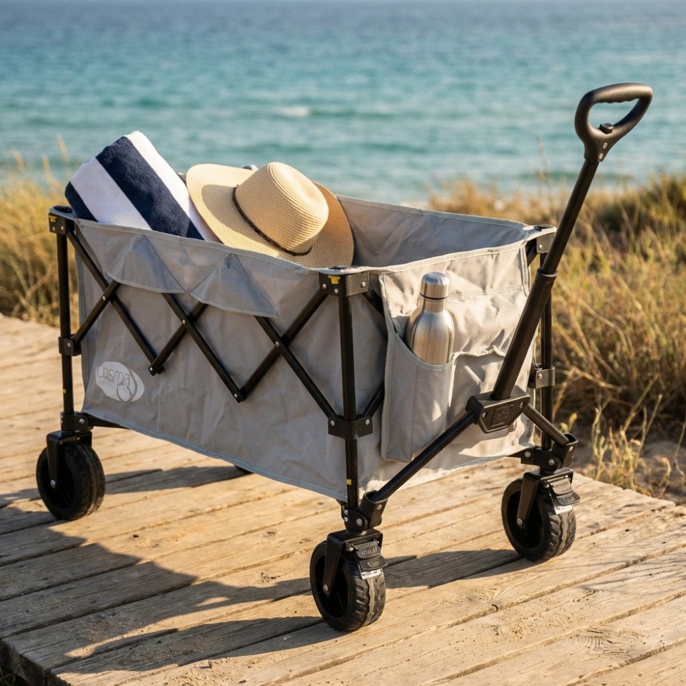 Carrello INDIAN grigio chiaro montato con asciugamano e cappello di paglia
