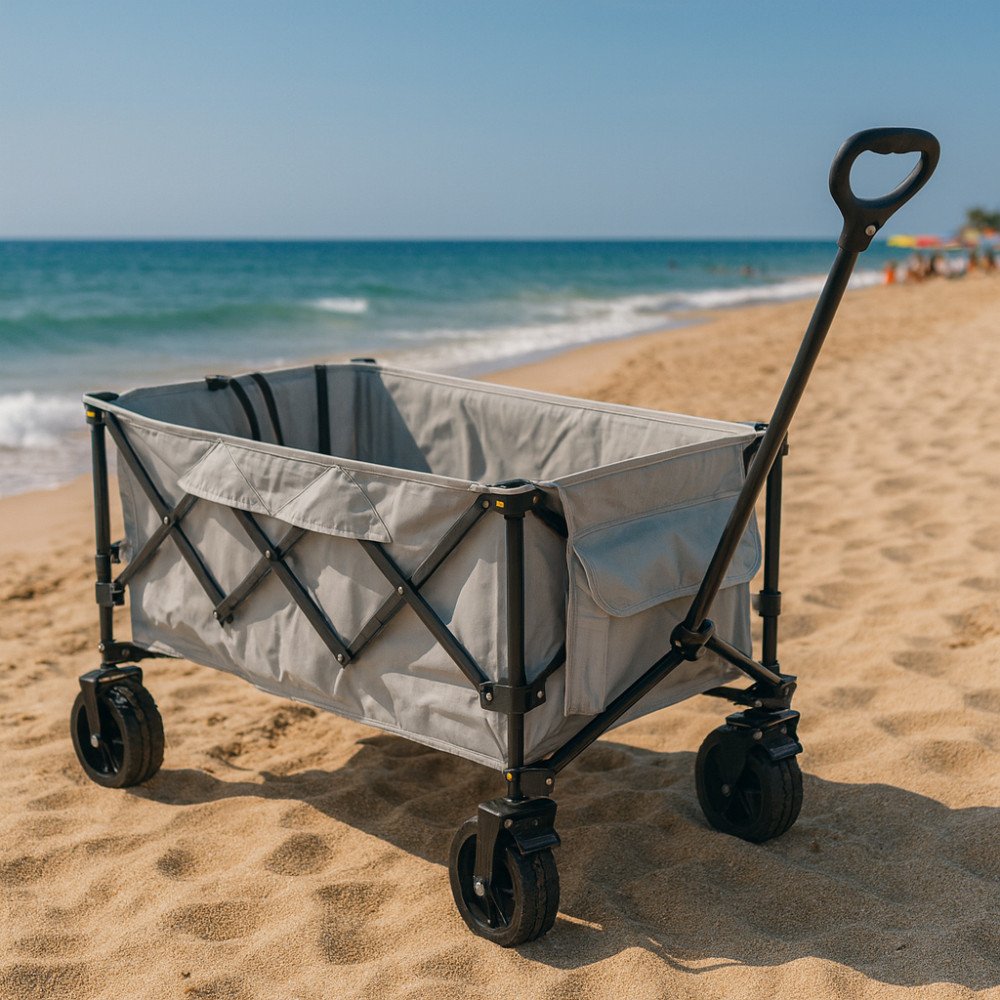 Carrello INDIAN grigio chiaro aperto sulla sabbia, dettaglio ruote