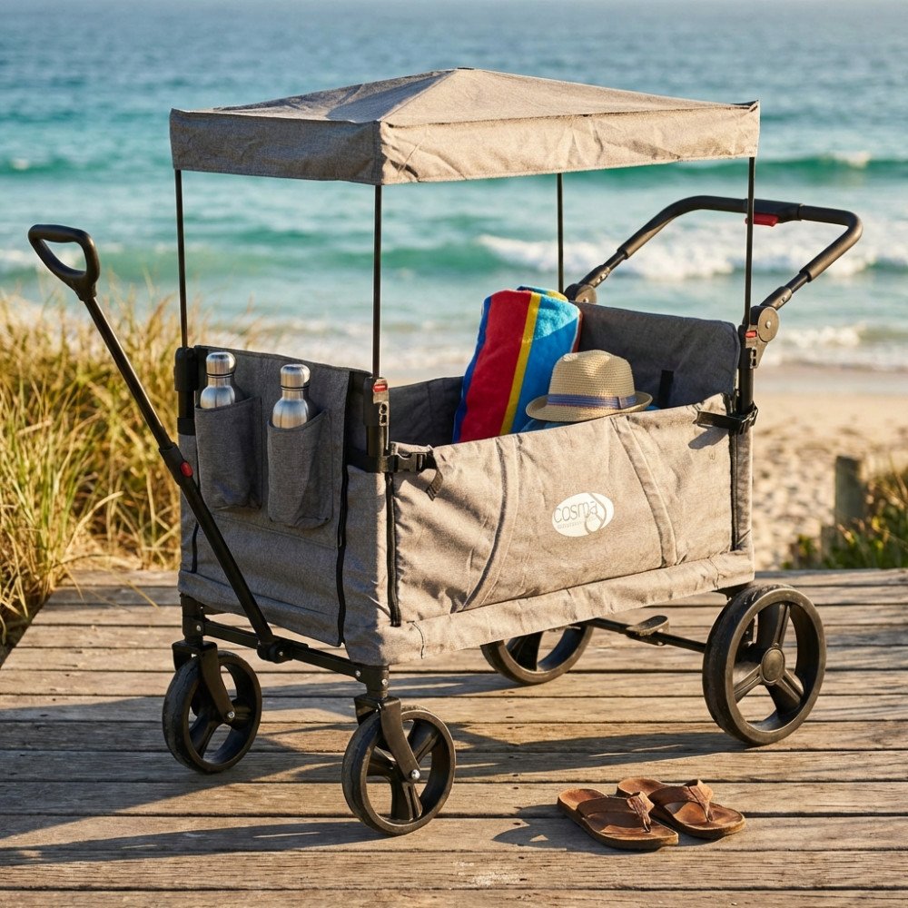 Carrello da spiaggia CARIBBEN grigio chiaro su passerella di legno davanti al mare, vista tre quarti