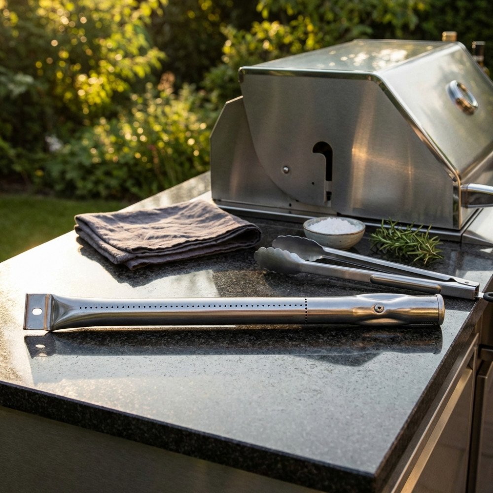 Bruciatore tubolare MONTANA in acciaio inox steso di lato su piano in granito, vicino al barbecue