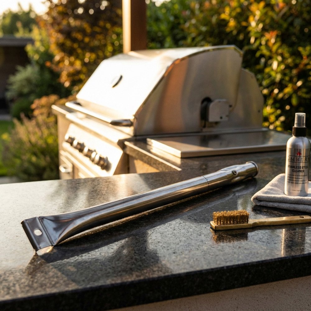 Bruciatore MONTANA in acciaio inox su piano in granito, con spazzola e spray per la pulizia