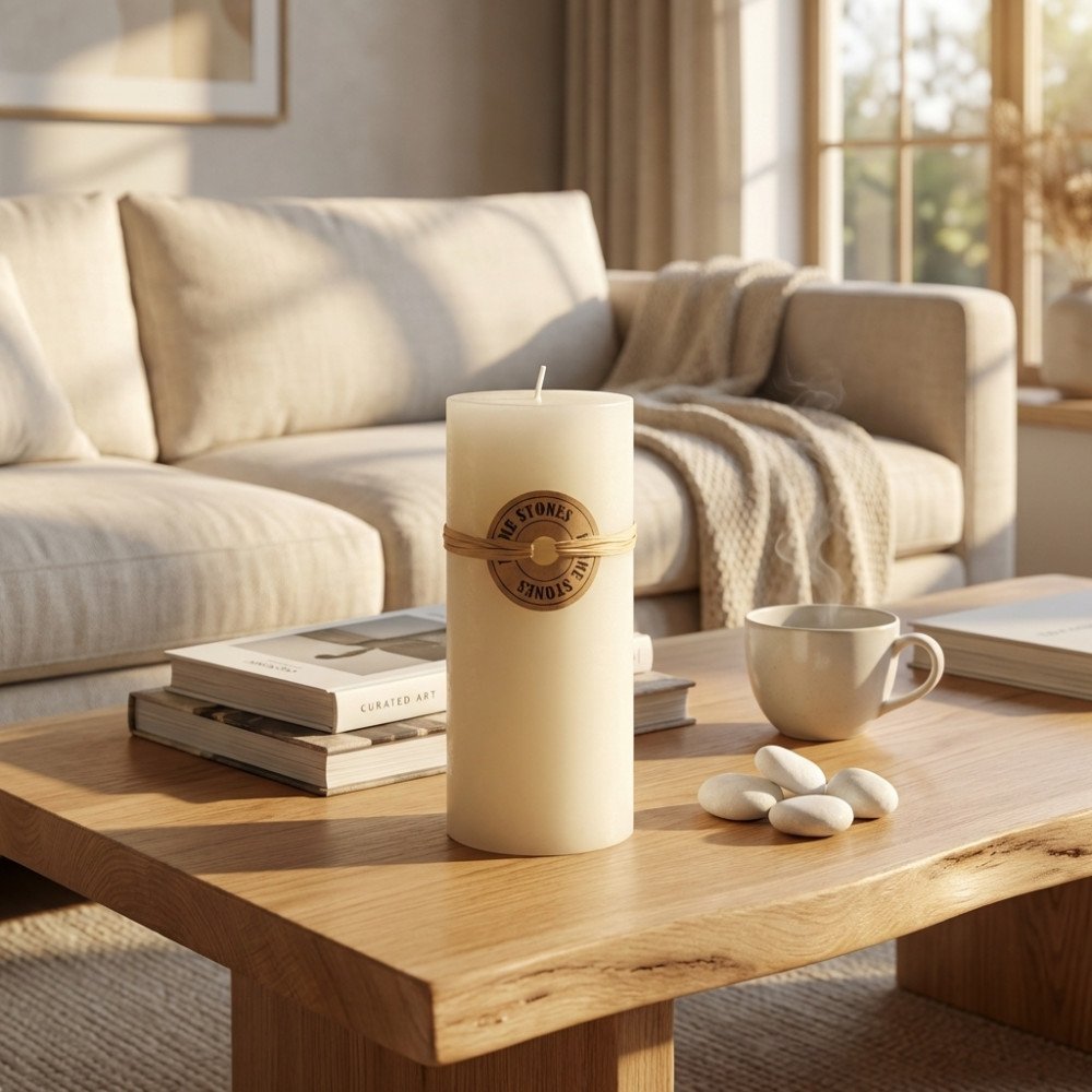 Candela cilindrica avorio con fascetta ONE STONES accanto a libri e tazza in ceramica beige