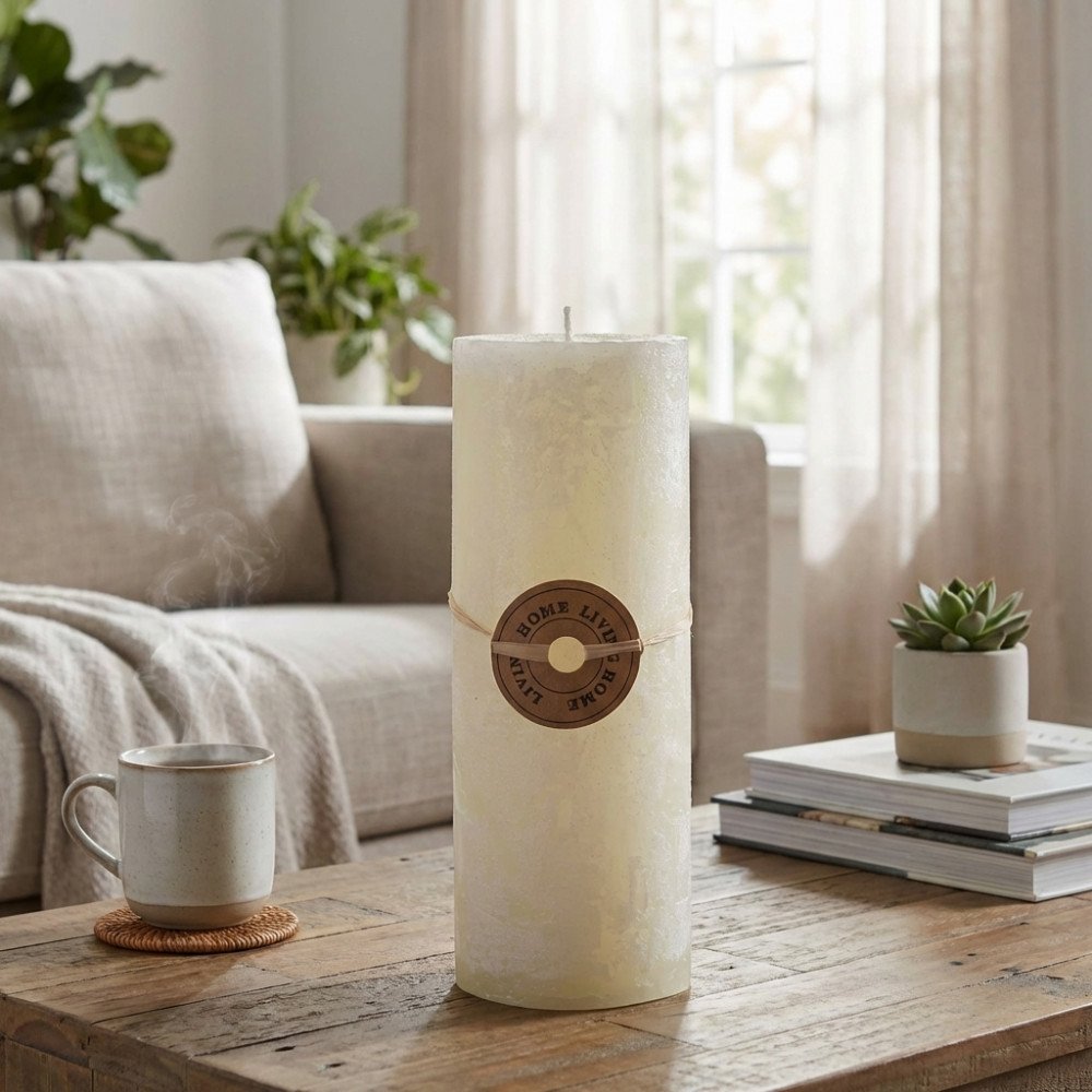 Candela avorio con etichetta HOME LIVIN su tavolino rustico accanto a tazza e riviste