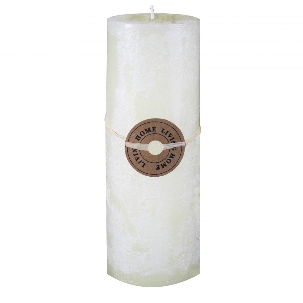 Candela cilindrica avorio con etichetta HOME LIVING su sfondo bianco, vista frontale intera