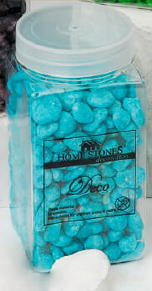 Barattolo squadrato con sassolini azzurri visto dall'alto, etichetta Home Stones Deco