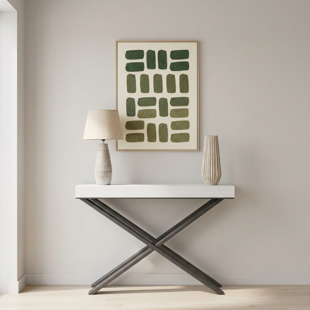 Ingresso con consolle allungabile DIAGO PREMIUM bianco frassino e gambe a X antracite, lampada HANOI, vaso ELDAR e quadro DIPINTO