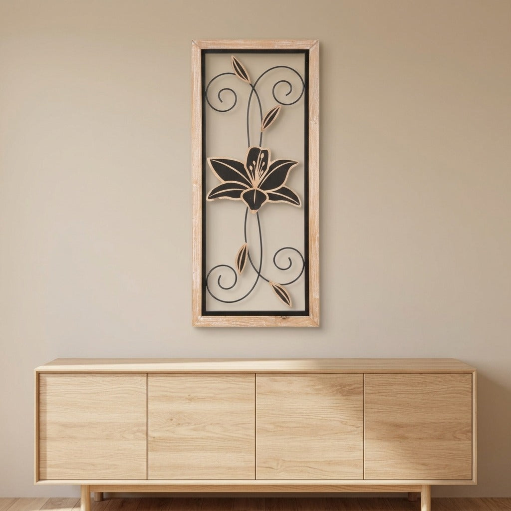 Pannello decorativo 3D da parete in metallo e legno con fiori - KOMAN