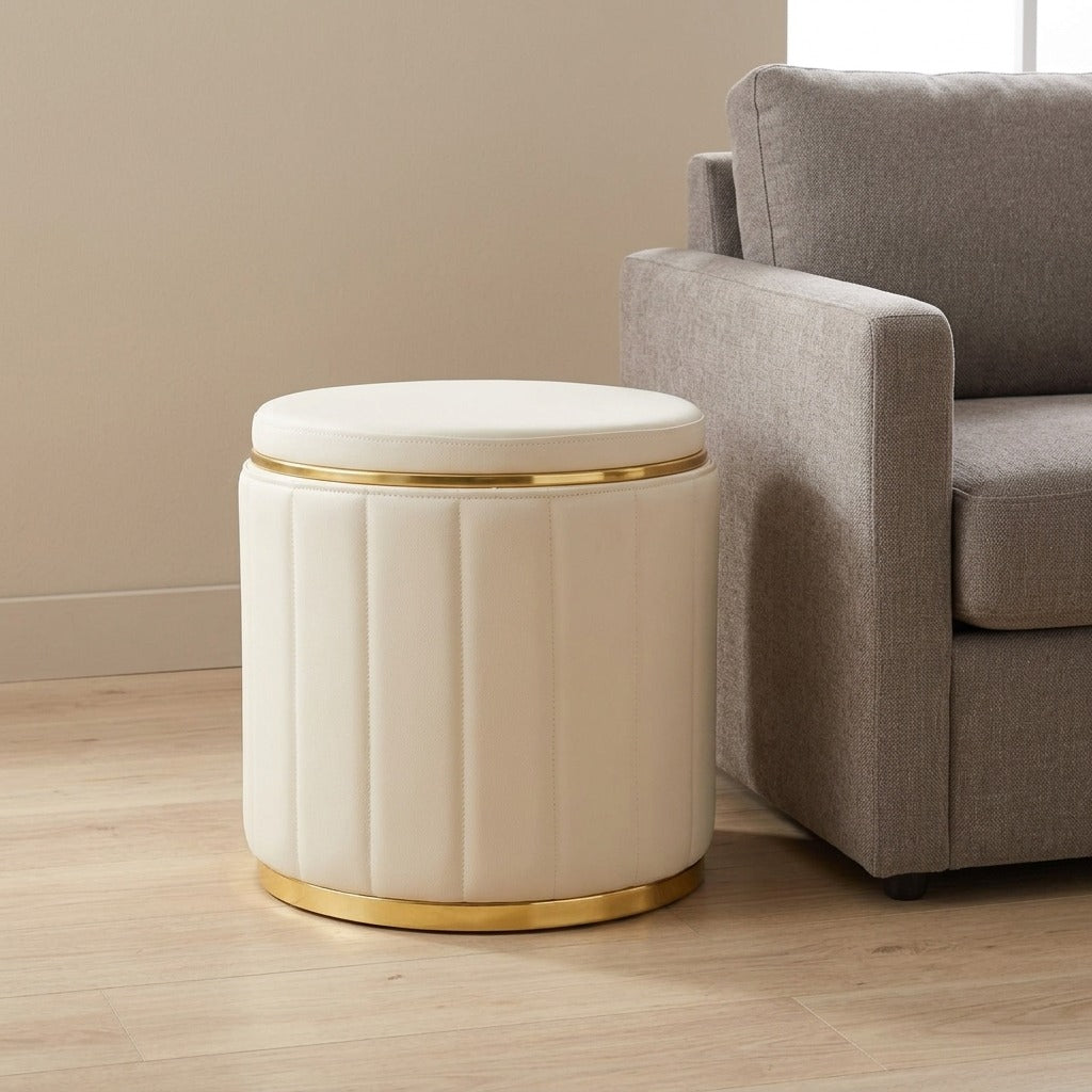 Pouf Tondo con Contenitore in Legno e Base Dorata - LONDON