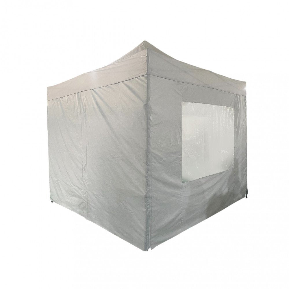 Gazebo pieghevole con tetto a punta grigio e pareti bianche, finestra in PVC trasparente