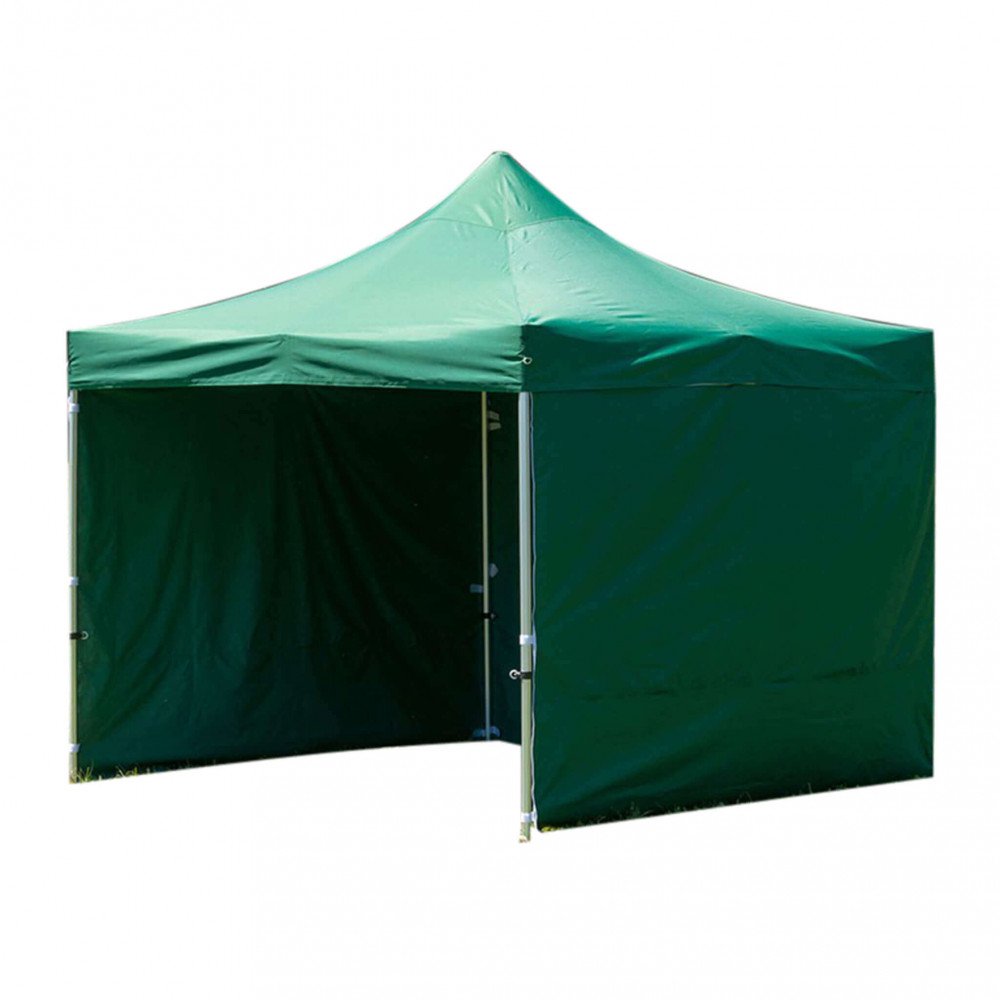 Gazebo pieghevole HOLIDAY verde scuro in esterno, tetto a punta e pareti laterali chiuse