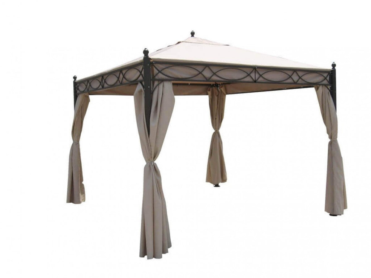 Gazebo quadrato SIWA su fondo bianco con tende tortora legate ai montanti