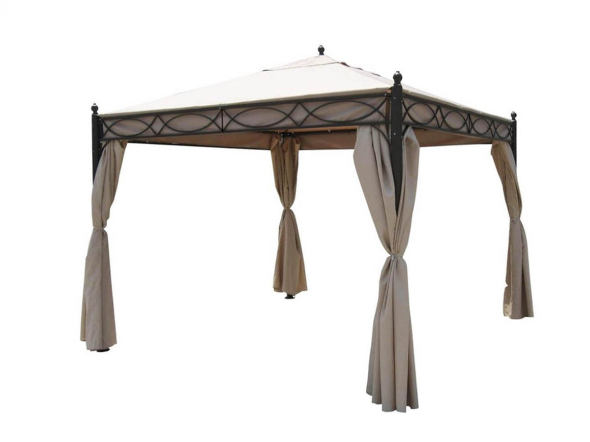 Gazebo SIWA di tre quarti con pareti in tessuto beige raccolte e legate a metà altezza