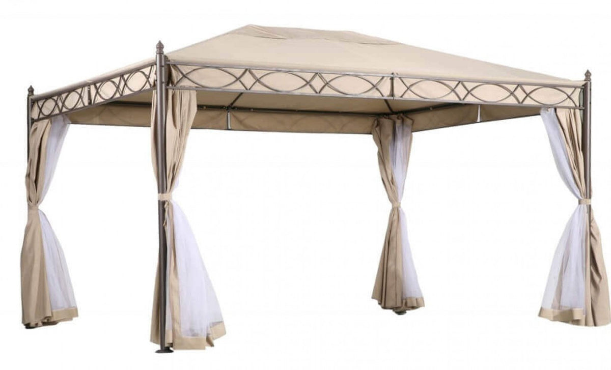 Gazebo KARNAK a quattro lati ripreso di tre quarti con tendaggi beige