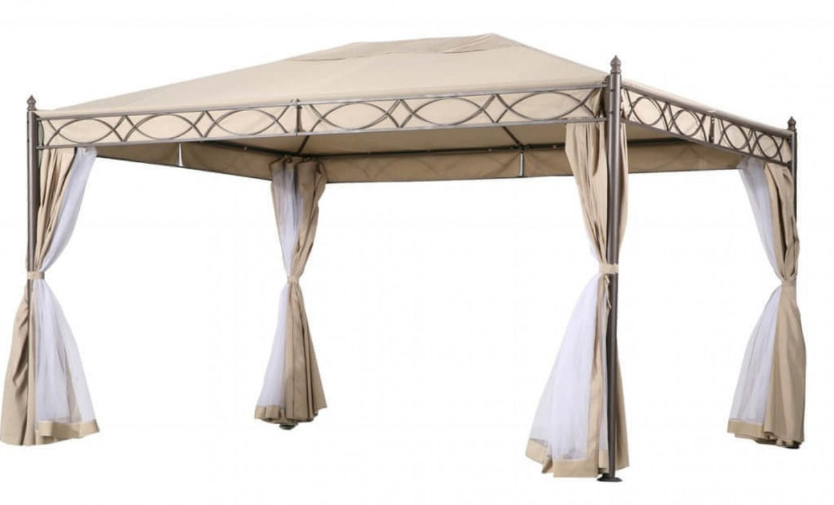 Gazebo KARNAK visto di tre quarti con pareti in tessuto beige raccolte