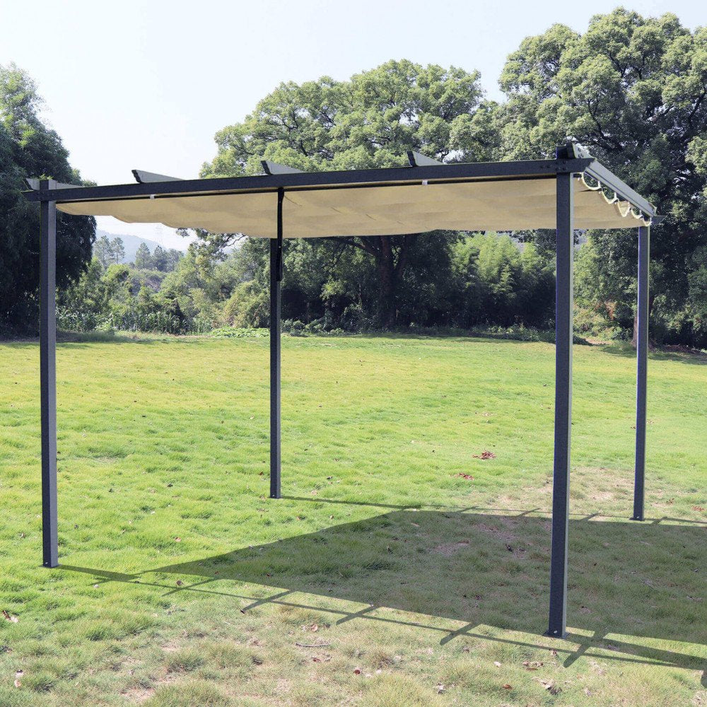 Gazebo LEPANTO antracite montato su prato con telo crema, vista di tre quarti