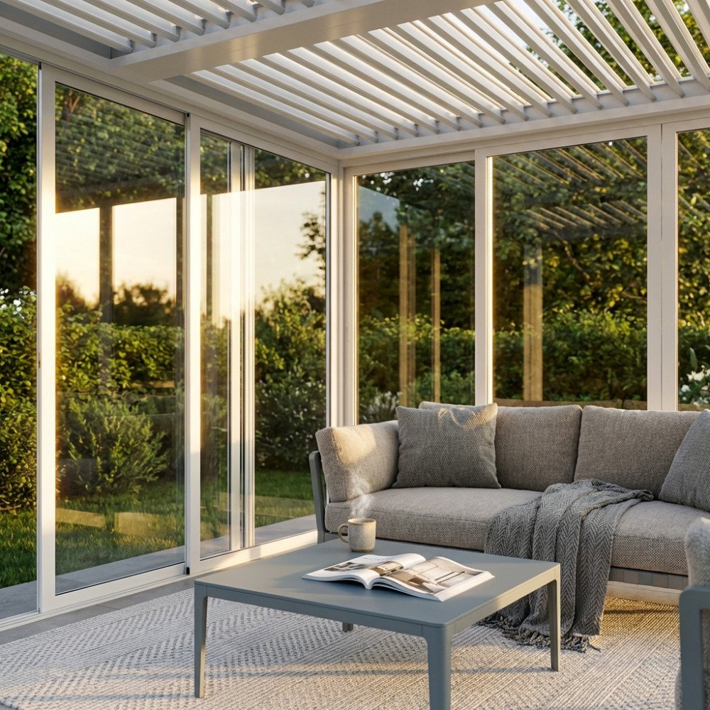 Pergola bioclimatica bianca con ante scorrevoli in vetro parzialmente aperte, vista laterale da giardino