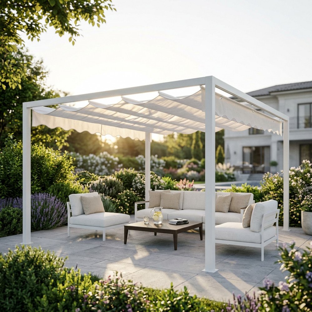 Telo bianco a onde del gazebo AVALON sopra divano e poltrone in giardino al tramonto