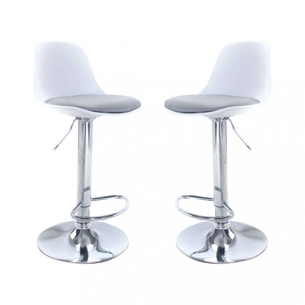 Sgabello alto JONNY bianco con cuscino grigio e base cromata, due pezzi affiancati