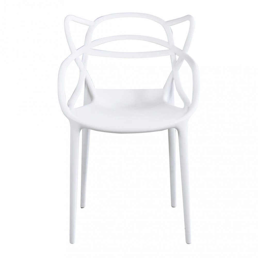Poltrona LILY bianca in plastica con schienale a listelli curvi, vista frontale su sfondo bianco