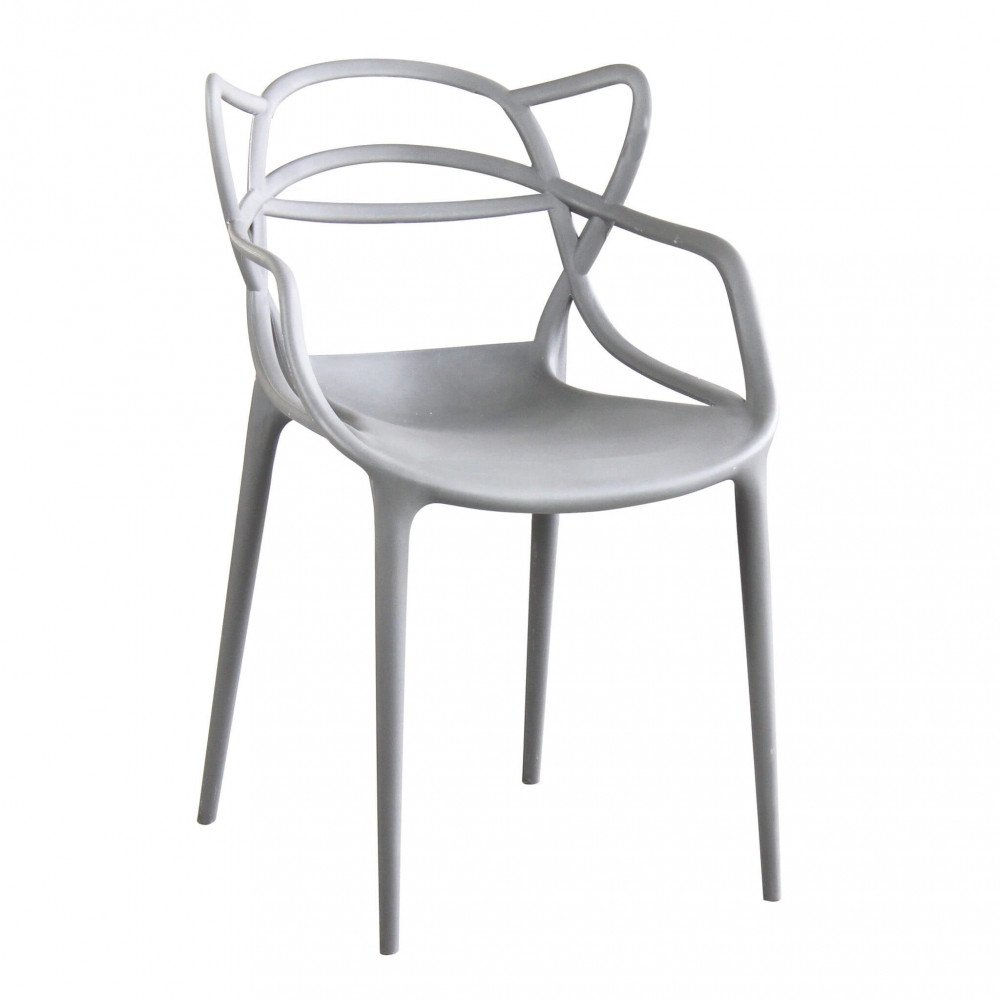 Poltrona LILY grigio in plastica con schienale a X, vista tre quarti su fondo bianco