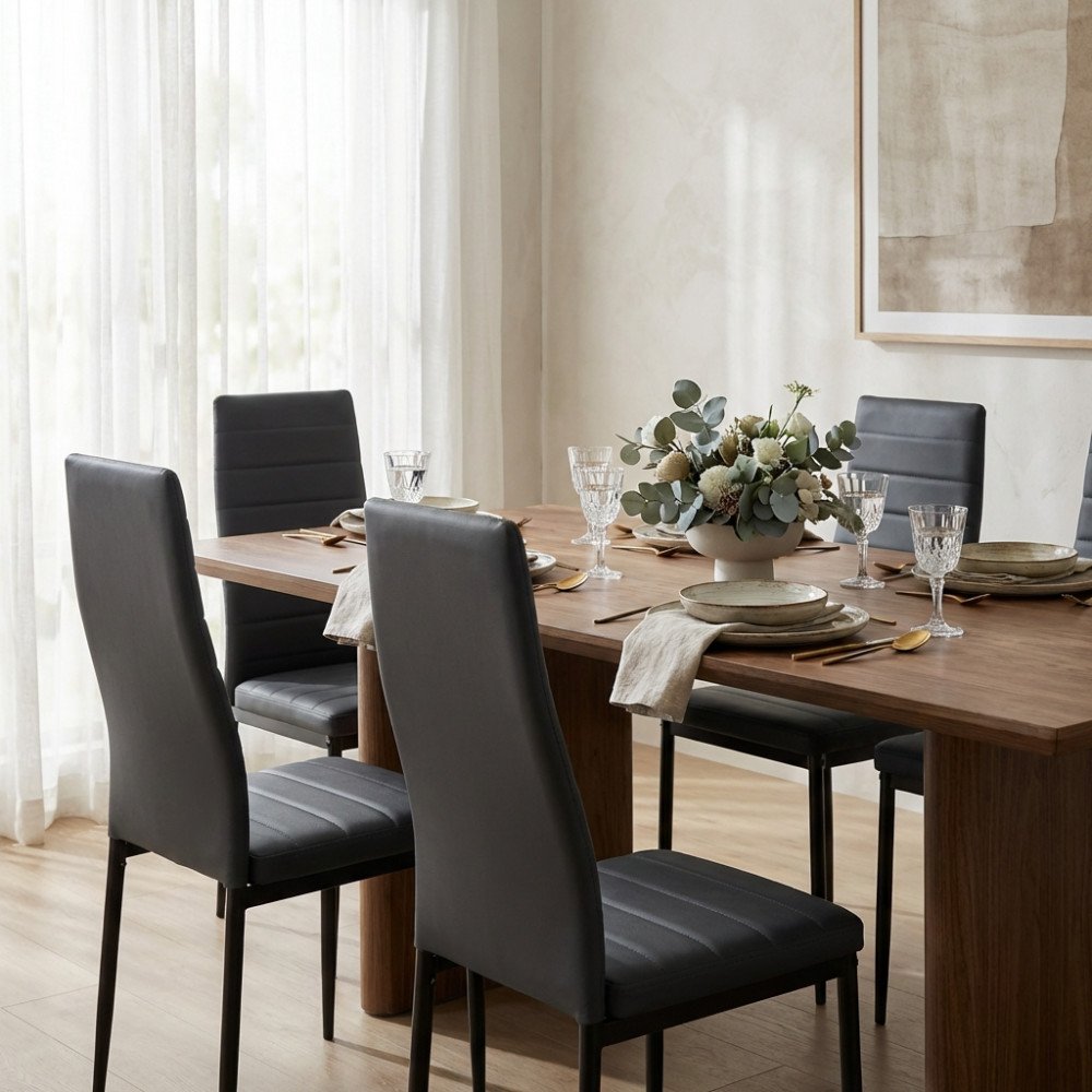 Sedia da pranzo IVY imbottita scura in sala da pranzo, accanto a tavolo in legno apparecchiato