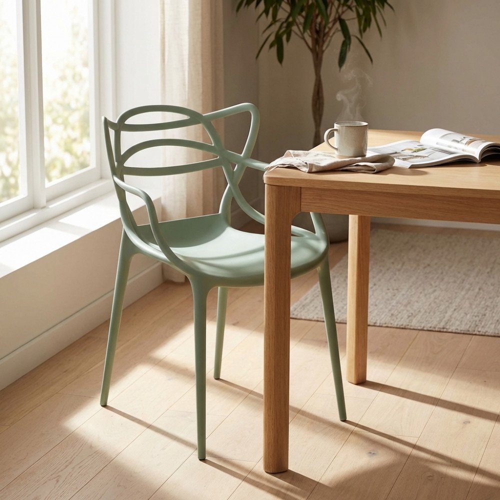 Sedia LILY verde salvia vista di tre quarti accanto a tavolo in legno con tazza