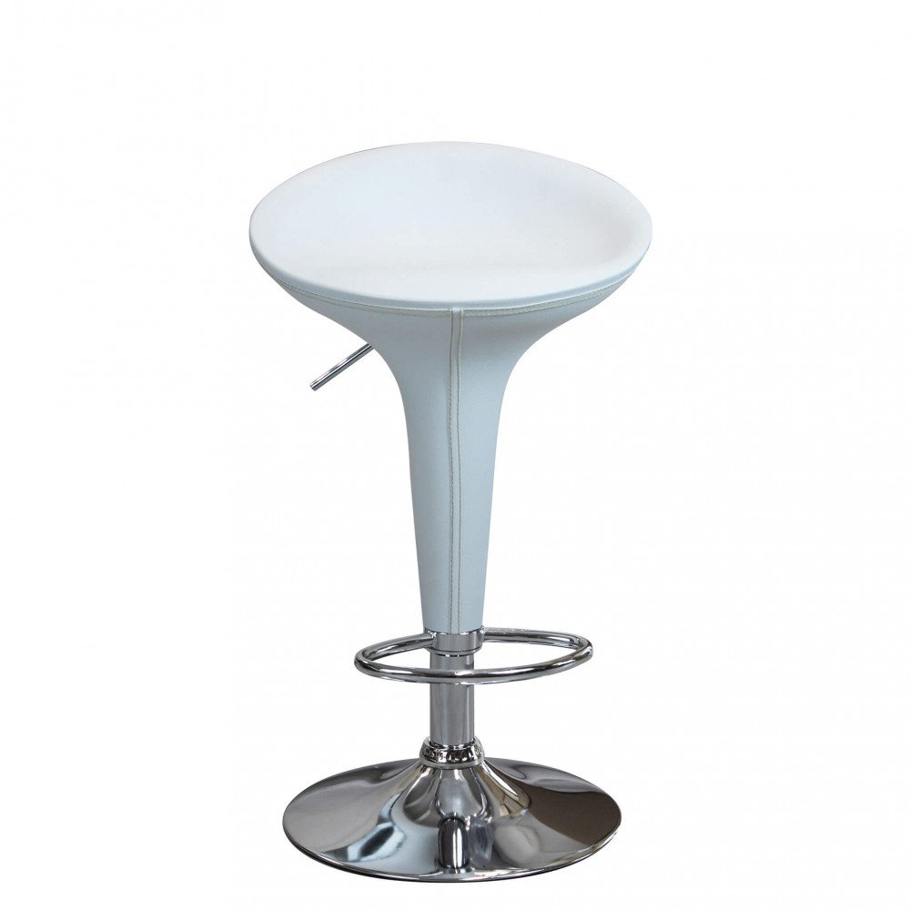Sgabello alto LORENNE bianco a tre quarti con fusto conico e base a disco cromata #colore_Bianco