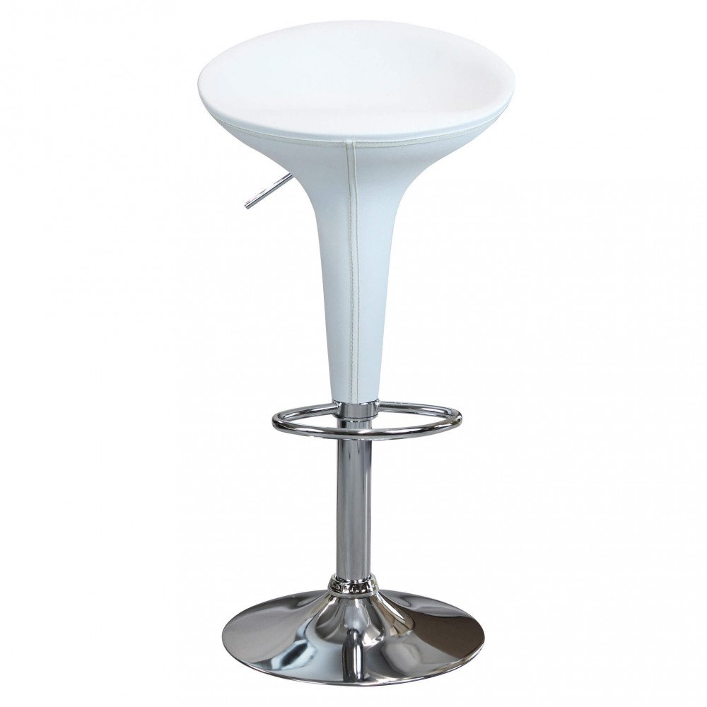 Sgabello alto LORENNE bianco a tre quarti con seduta circolare e fusto cromato #colore_Bianco