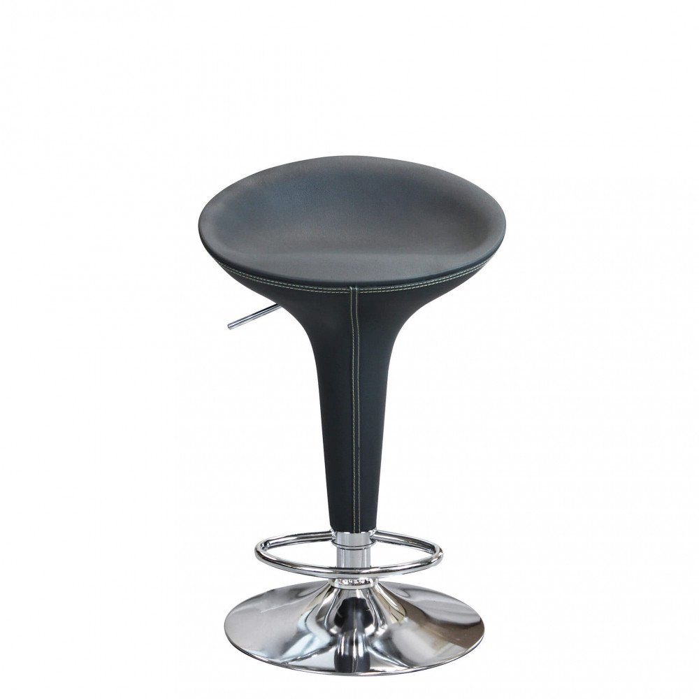 Sgabello alto LORENNE grigio frontale con fusto svasato e disco cromato alla base #colore_Grigio