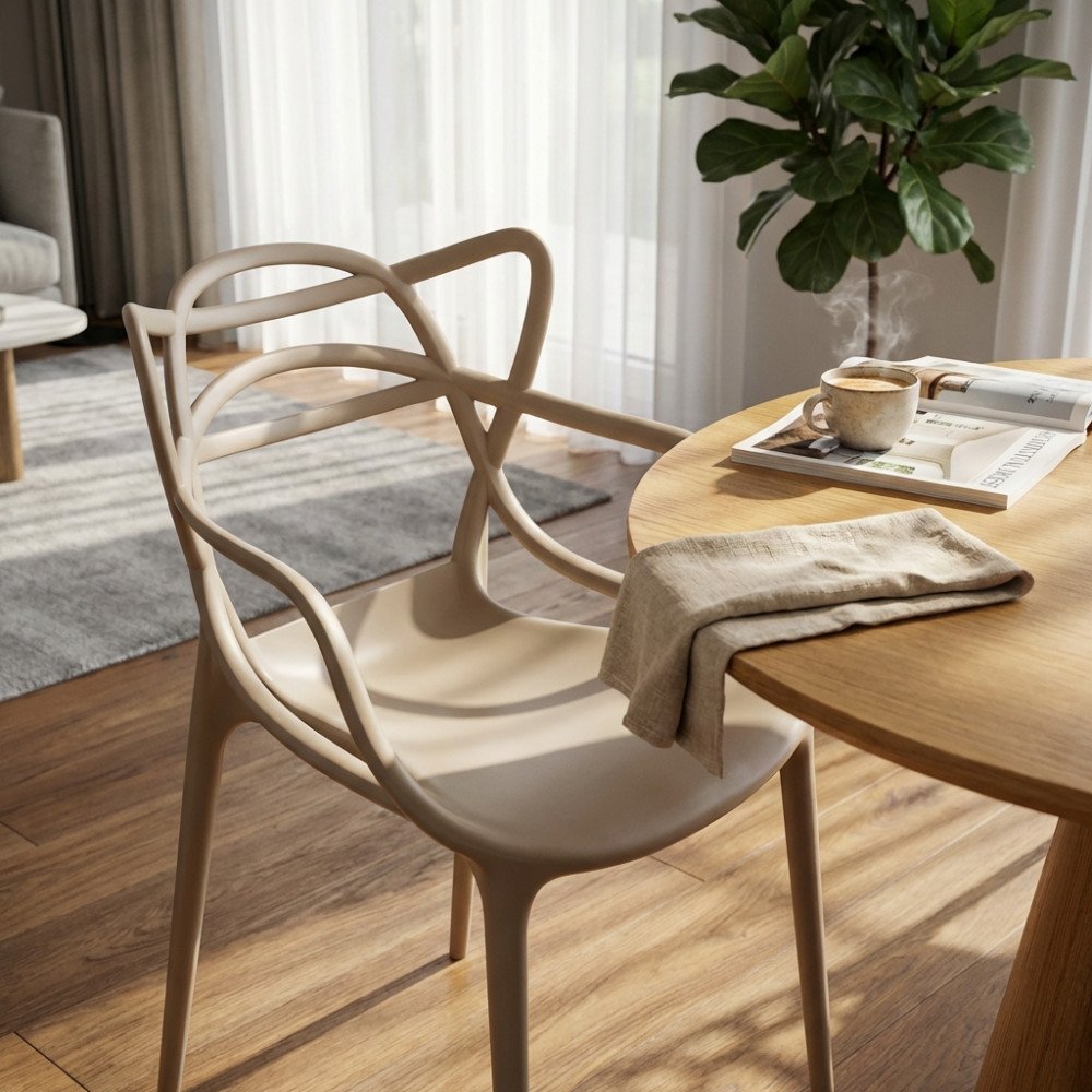 Poltrona LILY tortora in ambiente luminoso con schienale traforato a linee curve intrecciate