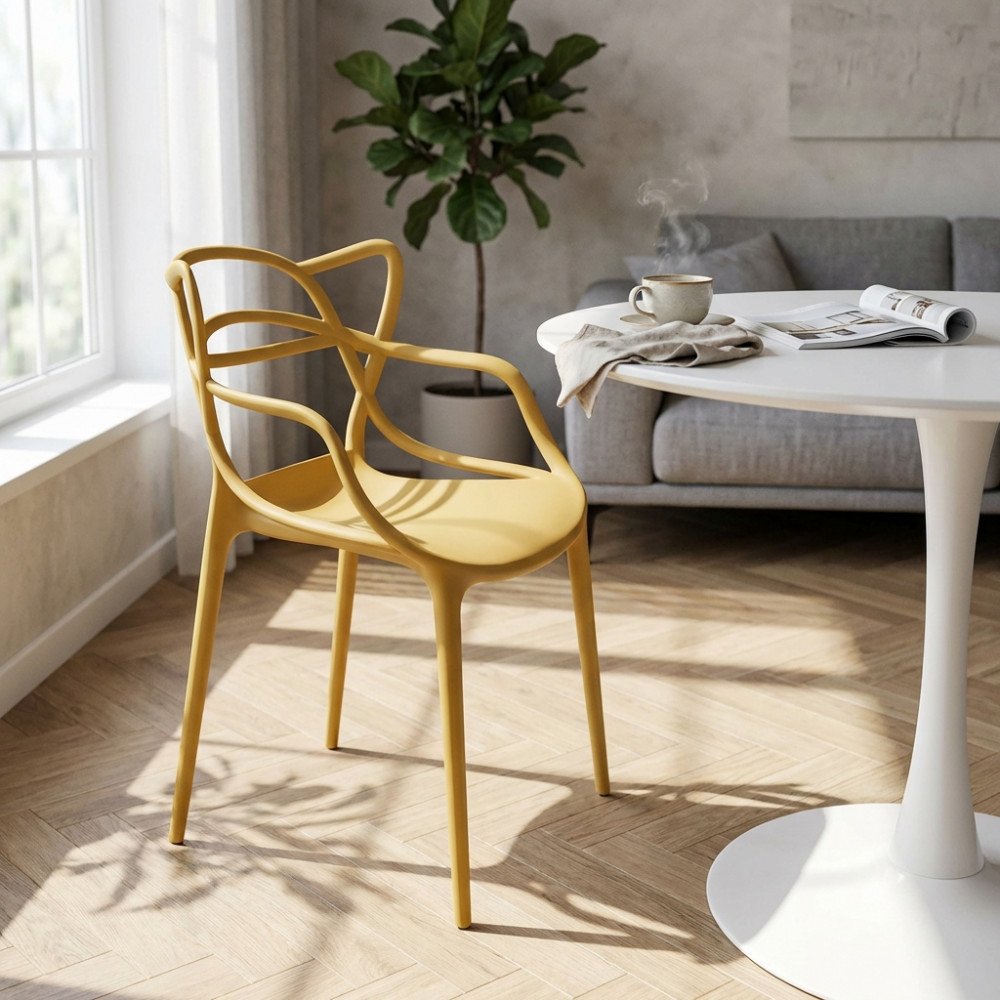 Poltrona LILY senape con braccioli in polipropilene in soggiorno accanto a tavolo rotondo bianco