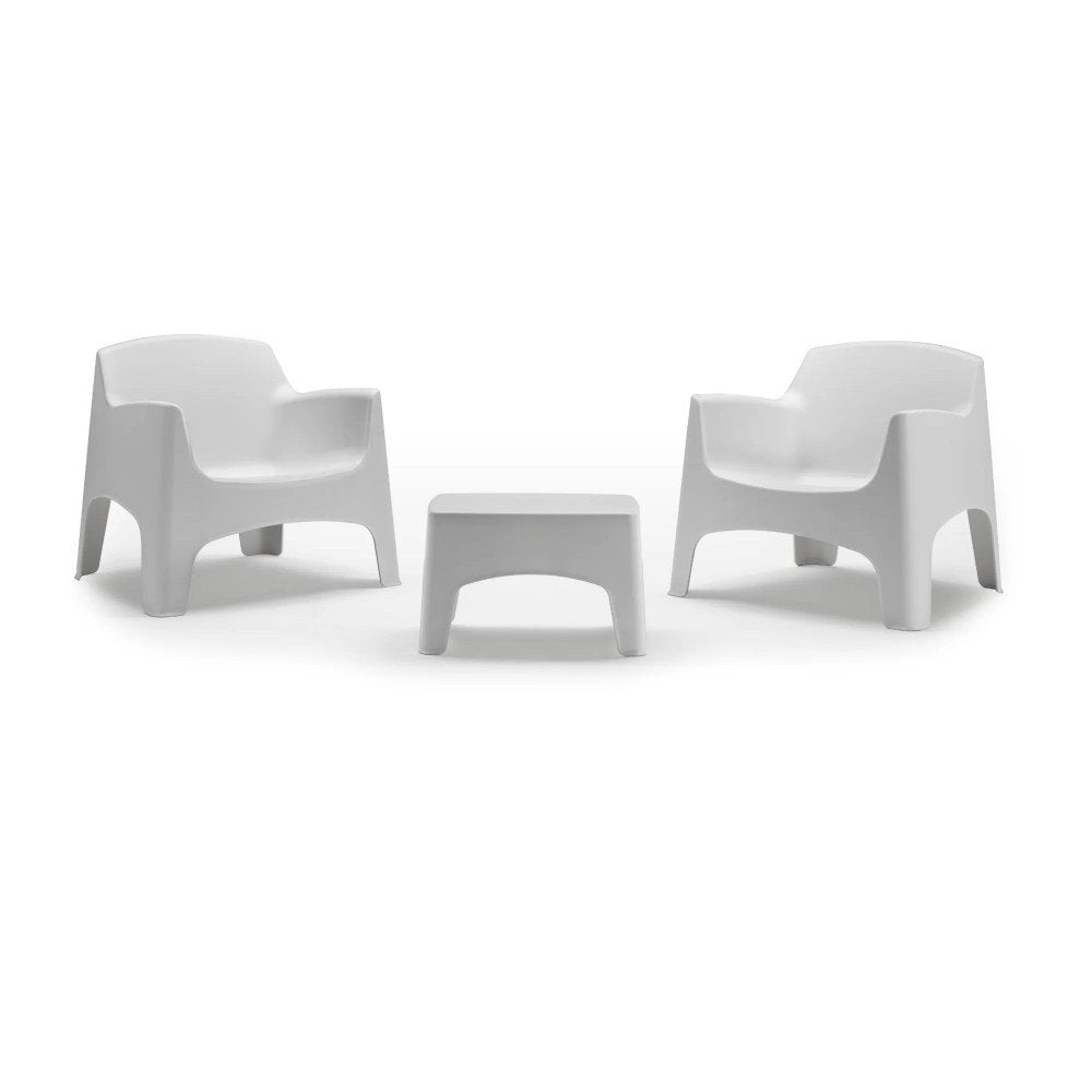 Set salotto IBIZA TERRACE bianco opaco su fondo bianco, due poltrone e tavolino centrale, vista frontale