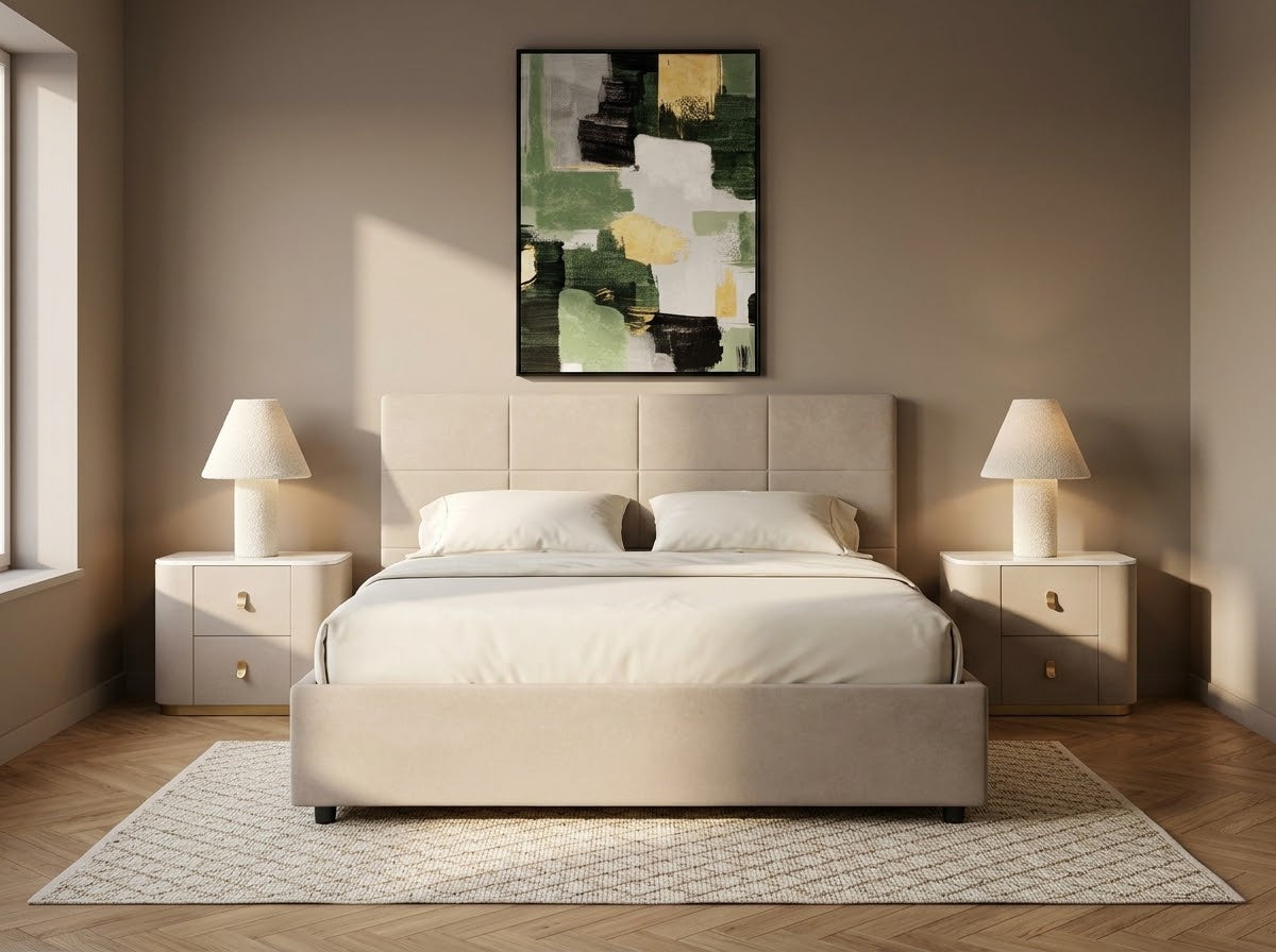 Camera da letto con letto MIKA imbottito color sabbia, comodini BEAUTY, lampade RADHA, quadro DMITRI e tappeto CHANDER