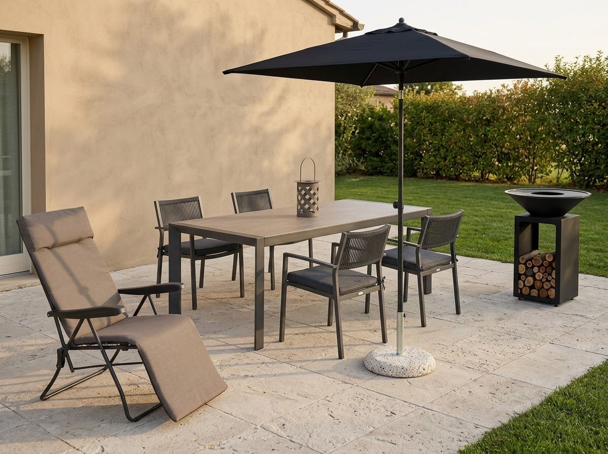 Giardino con tavolo allungabile FALK, poltrone HESTIA, ombrellone MUTE, braciere OYAT, sdraio ALICE e lanterna SATURNO