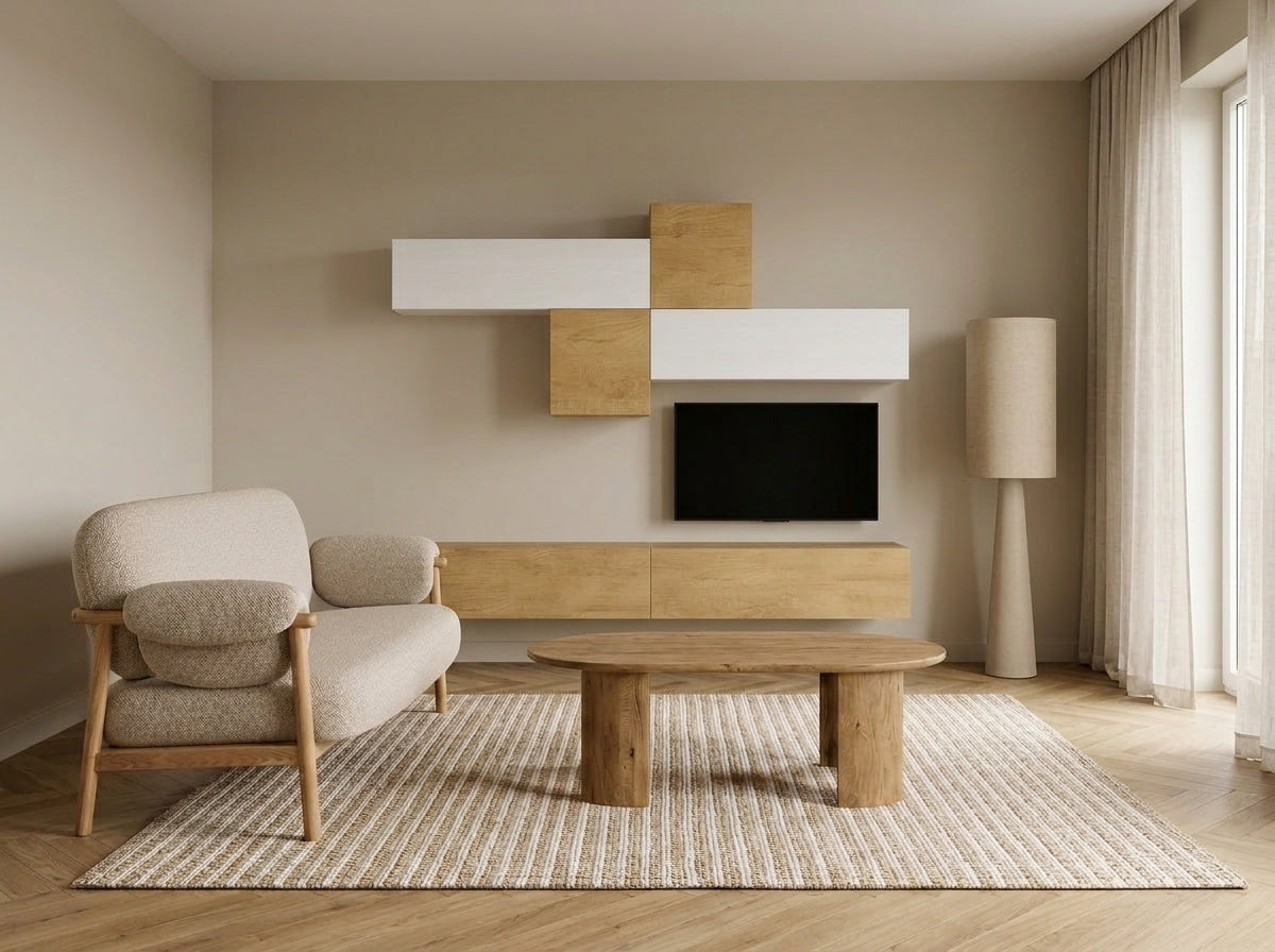 Zona TV con parete modulare ISOKA in rovere e bianco sospesa, divano CALISTA in bouclé, tavolino ovale PHOENIX, piantana MARARA e tappeto ALURON