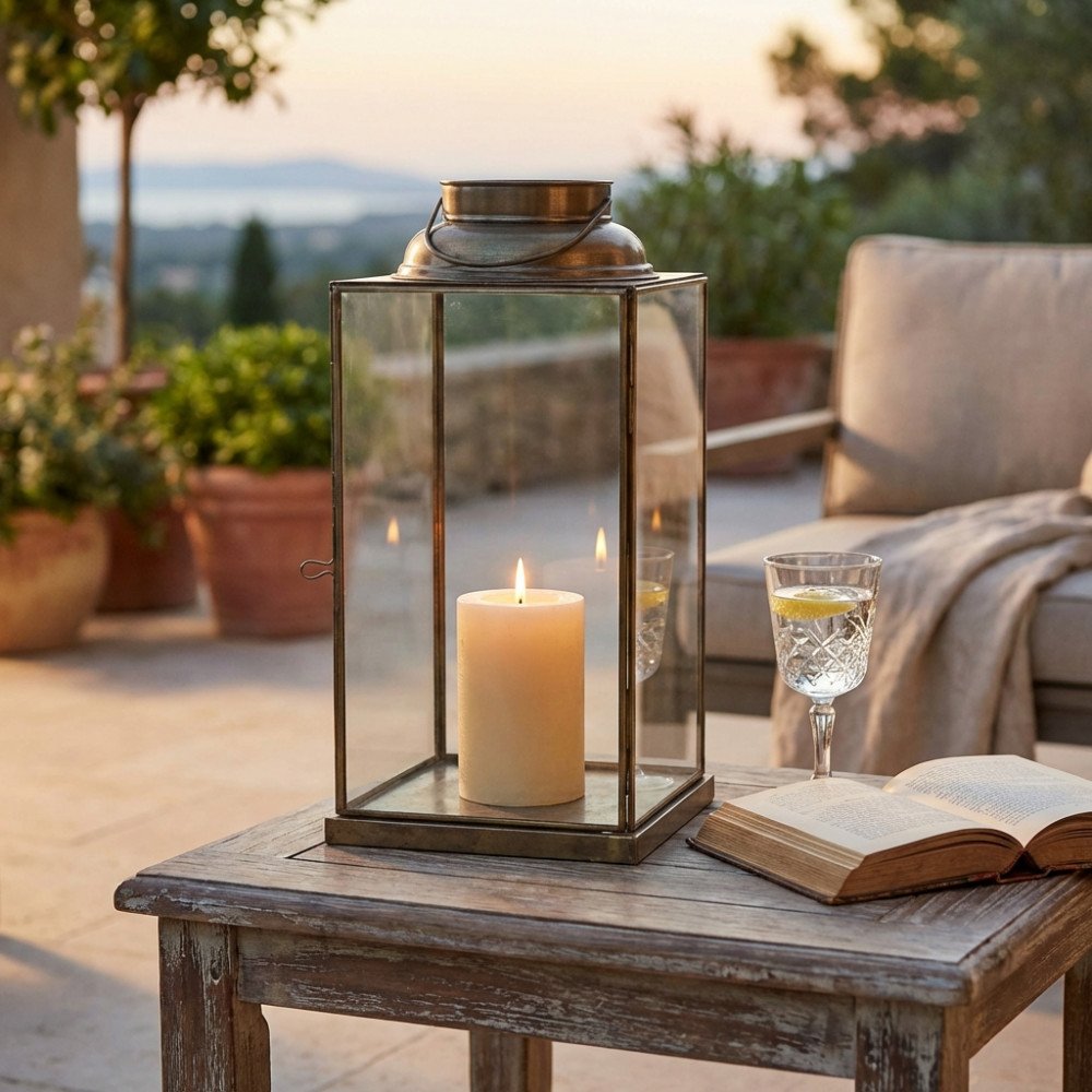Lanterna NANCY ottone antico su tavolino con libro e bicchieri, terrazzo al tramonto